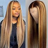 13x1 Lace Front Wigs Pre Plucked Straight Honey Blond Ombre Color Highlight 130% Lace Frontal Brazilian Virgin Human Hair Wigs with Baby Hair for Women 130% Density 16 Inch